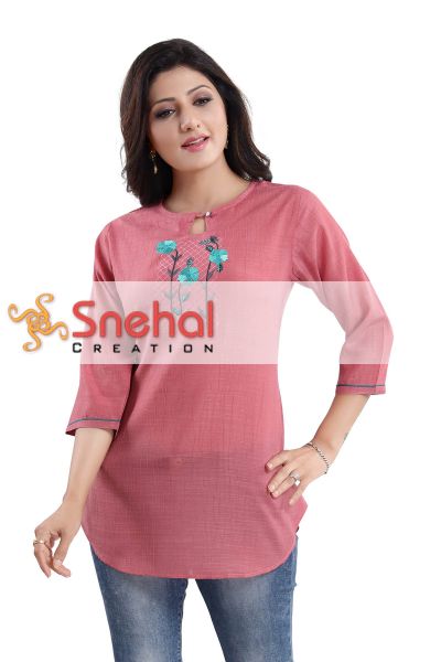 ONION PINK WRINKLE FABRIC TUNIC TOP WITH EMBROIDERY BUTA