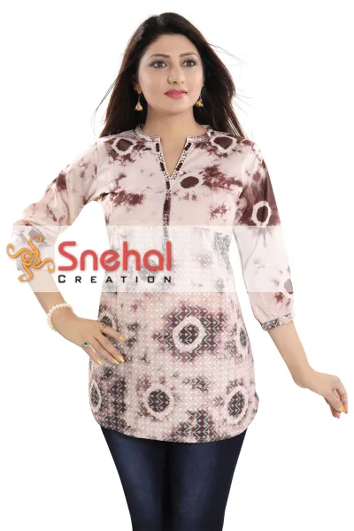 Bold Beige Cotton Chikan Short Kurti Top With Batik Printing