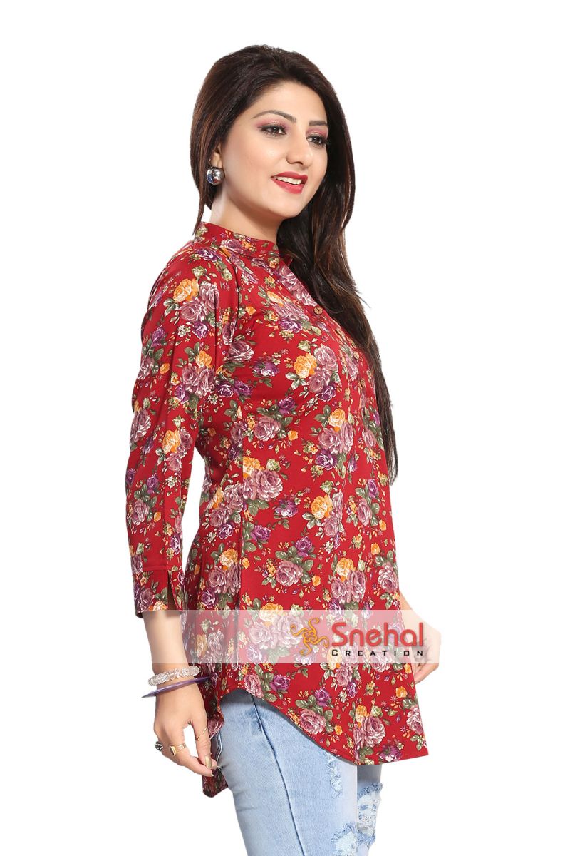 Exquisite Red Poly Crepe Short Tunic with Floral Print