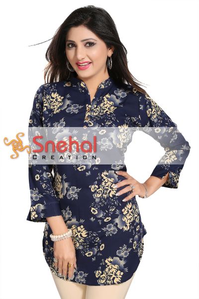 Exquisite Navy Blue Poly Crepe Short Tunic with Floral Print