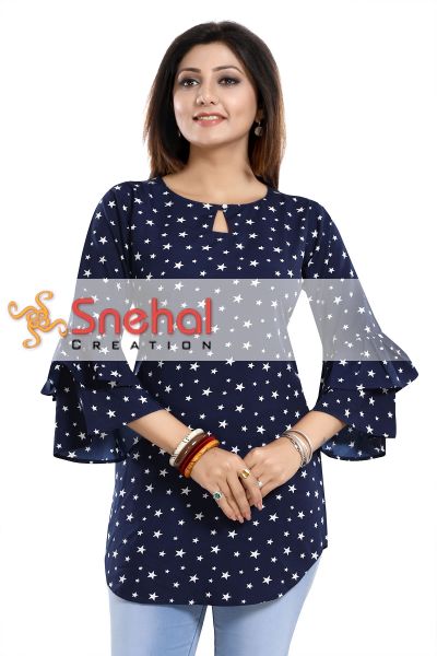 Star Attire Blue Poly Crepe Short Kurta with Frilled Sleeves