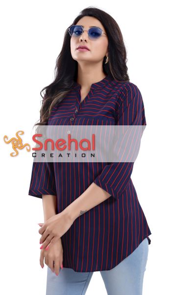 Elementary Blue and Red Striped Polyester Crepe Short Tunic Top for Women