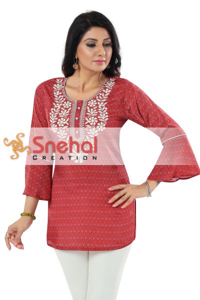 Marvelous Maroon Silky Print Chickan Embroidery Short Tunic