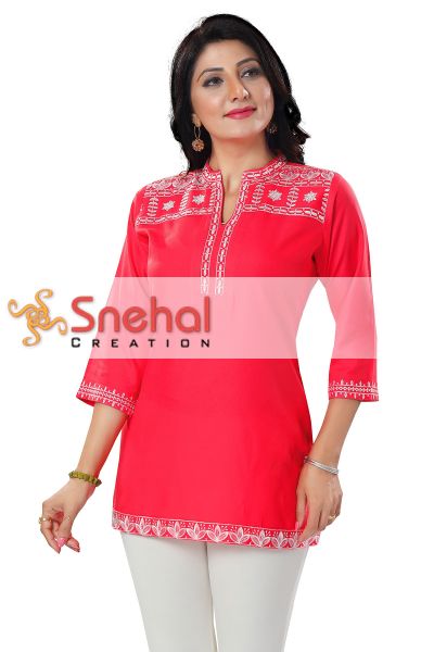 Tomato Red Women Embroidered Boho Chic Tunic Top