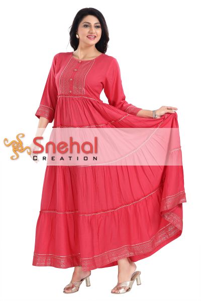 Tomato Flared Long Kurti With Golden Border and Gota Laces