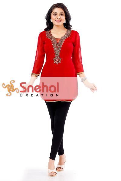 The Boho Chic Red Georgette Women Kurti Top with Beadwork