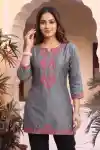 Elegant Gray Short and Straight Raw Silk Tunic with Pink Machine Work Embroidery - BD-408