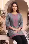 Elegant Gray Short and Straight Raw Silk Tunic with Pink Machine Work Embroidery - BD-408
