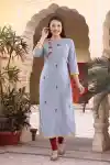 Subtle Blueish Grey Long Rayon Cotton Tunic with Thread Work Embroidery - RV-136
