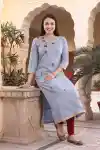 Subtle Blueish Grey Long Rayon Cotton Tunic with Thread Work Embroidery - RV-136