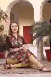 Brown Rayon Geomatrical Print Ban Collar Long Kurta for Women - SC-1084