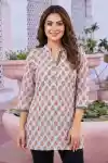 Grey Rayon Jaipuri Print Ban Collar Short Kurti Tunic Top - DK-S-19