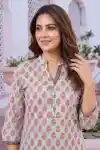 Grey Rayon Jaipuri Print Ban Collar Short Kurti Tunic Top - DK-S-19