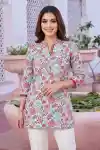 Light Blue Rayon Flower Print Ban Collar Short Kurti Tunic Top - DK-S-22