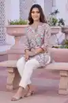 Light Blue Rayon Flower Print Ban Collar Short Kurti Tunic Top - DK-S-22