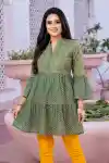 Gracious Green Cotton Ban Collar Short Flared Frock Style Tunic - DK-F-05
