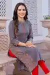 Gorgeous Gray Cotton Print Ban Collar A Line Kurta For Women - DK-L-559