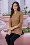 Mehandi Green Cotton Printed Ban Collar Short Tunic Top - CP-S-04