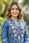 Indigo Blue Umbrella Flair Anarkali Long Kurti with Embroidery and Tussles - DK-1049