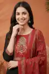 Black Jaipuri Cotton Kurta Pant Dupatta Set With Printed Yoke And Dupatta - ST-101-BK