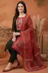 Black Jaipuri Cotton Kurta Pant Dupatta Set With Printed Yoke And Dupatta - ST-101-BK