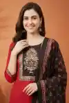 Red Jaipuri Cotton Kurta Pant Dupatta Set With Printed Yoke And Dupatta - ST-101-RD