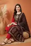 Red Jaipuri Cotton Kurta Pant Dupatta Set With Printed Yoke And Dupatta - ST-101-RD
