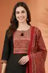 Beauteous Black Jaipuri Cotton Kurta Pant Dupatta Set With Printed Yoke And Dupatta - ST-102-BK