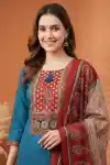 Teal Jaipuri Cotton Kurta Pant Dupatta Set With Printed Yoke And Dupatta - ST-103-BL