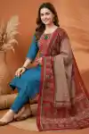 Teal Jaipuri Cotton Kurta Pant Dupatta Set With Printed Yoke And Dupatta - ST-103-BL