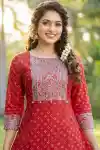 Red Cotton Anarkali Kurti for Women with Traditional Jaipuri Print - MM-1564