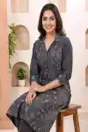 Stylish Black Denim A Line Kurti with Floral Print Detailing - DN-2306
