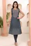 Black Denim Sleeveless Flared Kurti for Women with Thread Work - DN-2309