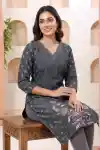 Womens Long Denim Kurti with Floral Discharge Print - DN-2312