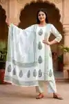 Pure Cotton Hand Block Print 3 Piece Suit Set with Dupatta for Women - DG-06-GR