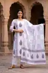 Premium Cotton Hand Block Print 3 Piece Suit Set with Dupatta for Women - DG-06-PR
