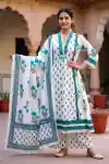 Tranquil Turquoise Pure Cotton Hand Block Print 3 Piece Palazzo Suit Set - DG-026-BL