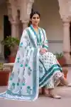 Tranquil Turquoise Pure Cotton Hand Block Print 3 Piece Palazzo Suit Set - DG-026-BL