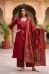 Regal Ruby Pure Cotton Three Piece Suit Set with Palazzo - DG-0124