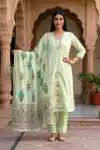 Mint Melody Pure Cotton Embroidered Three Piece Suit Set - DG-9115-GR