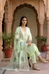 Mint Melody Pure Cotton Embroidered Three Piece Suit Set - DG-9115-GR