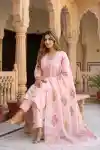 Blush Blossom Pure Cotton Embroidered Three Piece Suit Set - DG-9115-PK