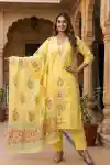 Sunshine Bloom Pure Cotton Embroidered Three Piece Suit Set - DG-9115-YL