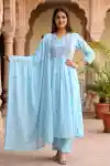 Sky Serenity Pure Cotton Embroidered Three Piece Suit Set - DG-9150