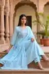 Sky Serenity Pure Cotton Embroidered Three Piece Suit Set - DG-9150