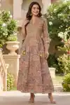 Earthy Forthy Brown Pure Cotton Jaipuri Print Anarkali Kurti with Embroidered Yoke - DK-1054