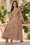 Earthy Forthy Brown Pure Cotton Jaipuri Print Anarkali Kurti with Embroidered Yoke - DK-1054