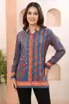 Classic Cobalt Modal Silk Printed Shirt Style Tunic Top for Women - DM-14