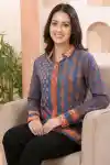 Classic Cobalt Modal Silk Printed Shirt Style Tunic Top for Women - DM-14