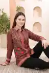 Coffee Cocoa Modal Silk Printed Shirt Style Tunic Top for Women - DM-15
